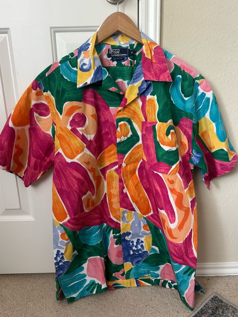 Vintage Polo Ralph Lauren Shirt Mens Medium Paint Stroke Loop Collar Abstract